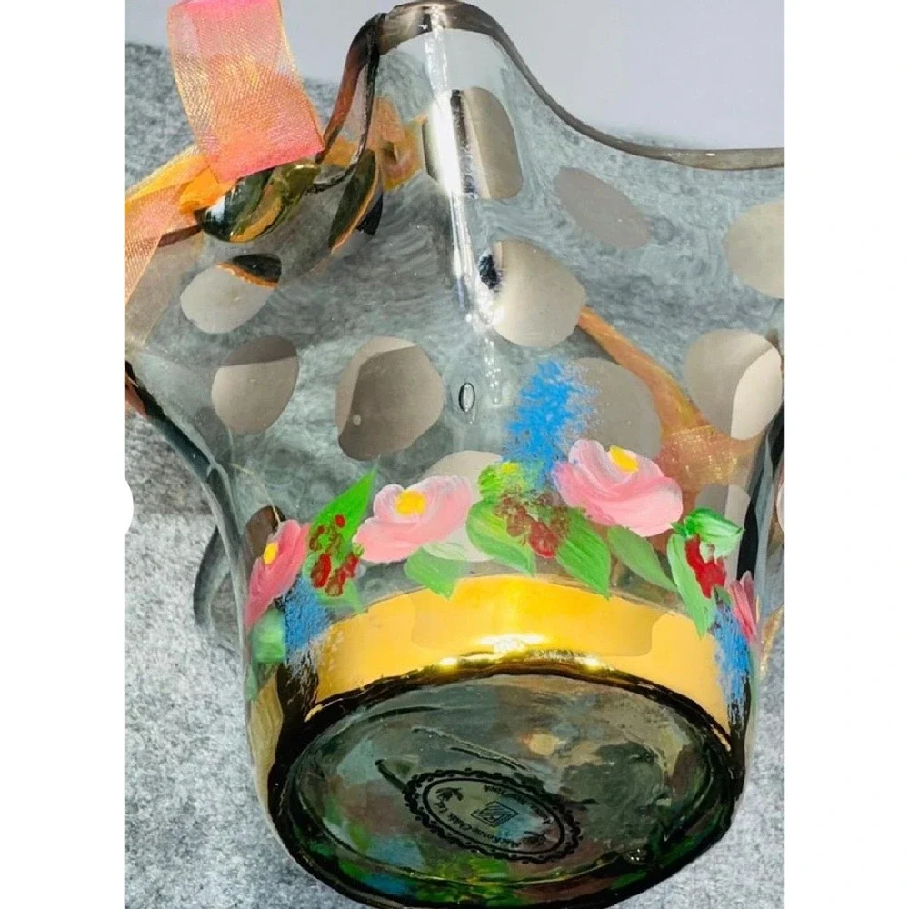 MacKenzie Childs Circus Collection Glass Basket Handpainted Ruffled Floral Bow